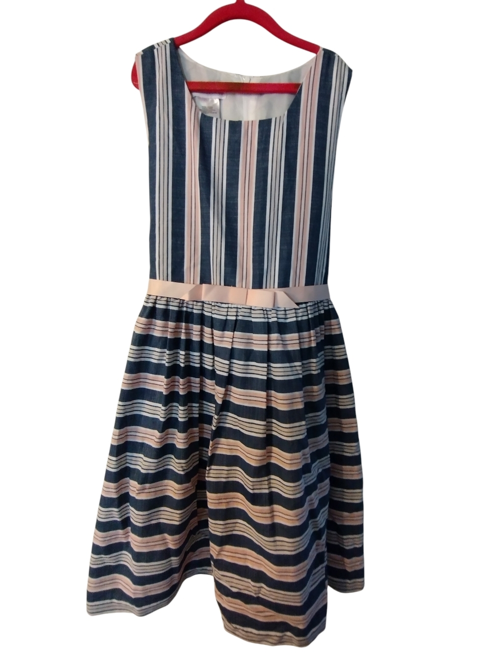 Like New! Girls Navy and Pink Striped Sleeveless Dress Lined SZ14 Ribbon